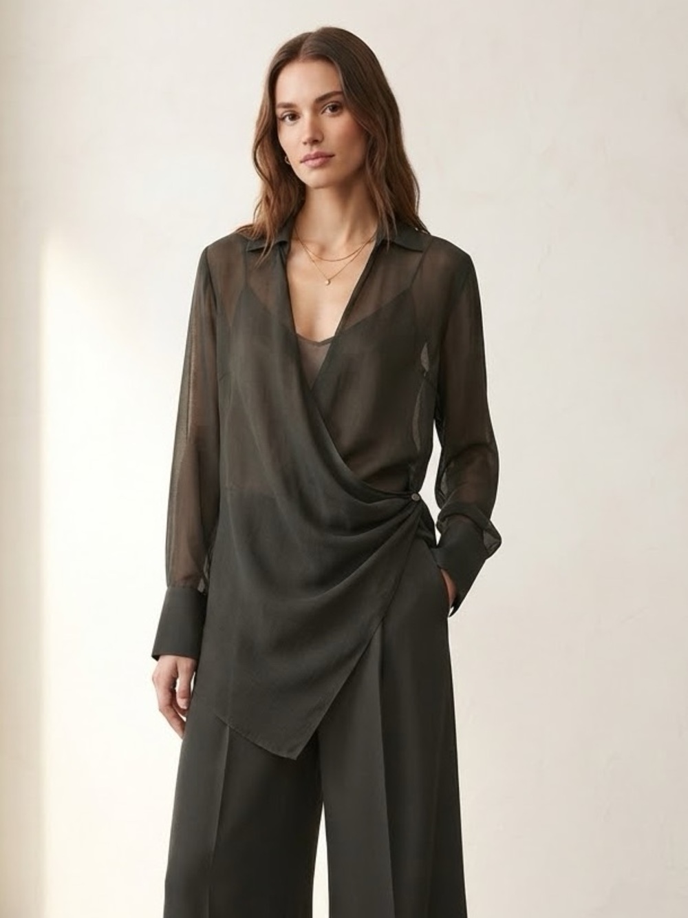 Zara Dark Green Wool Blend Draped Asymmetrical Avant Garde Long Wrap Blouse L